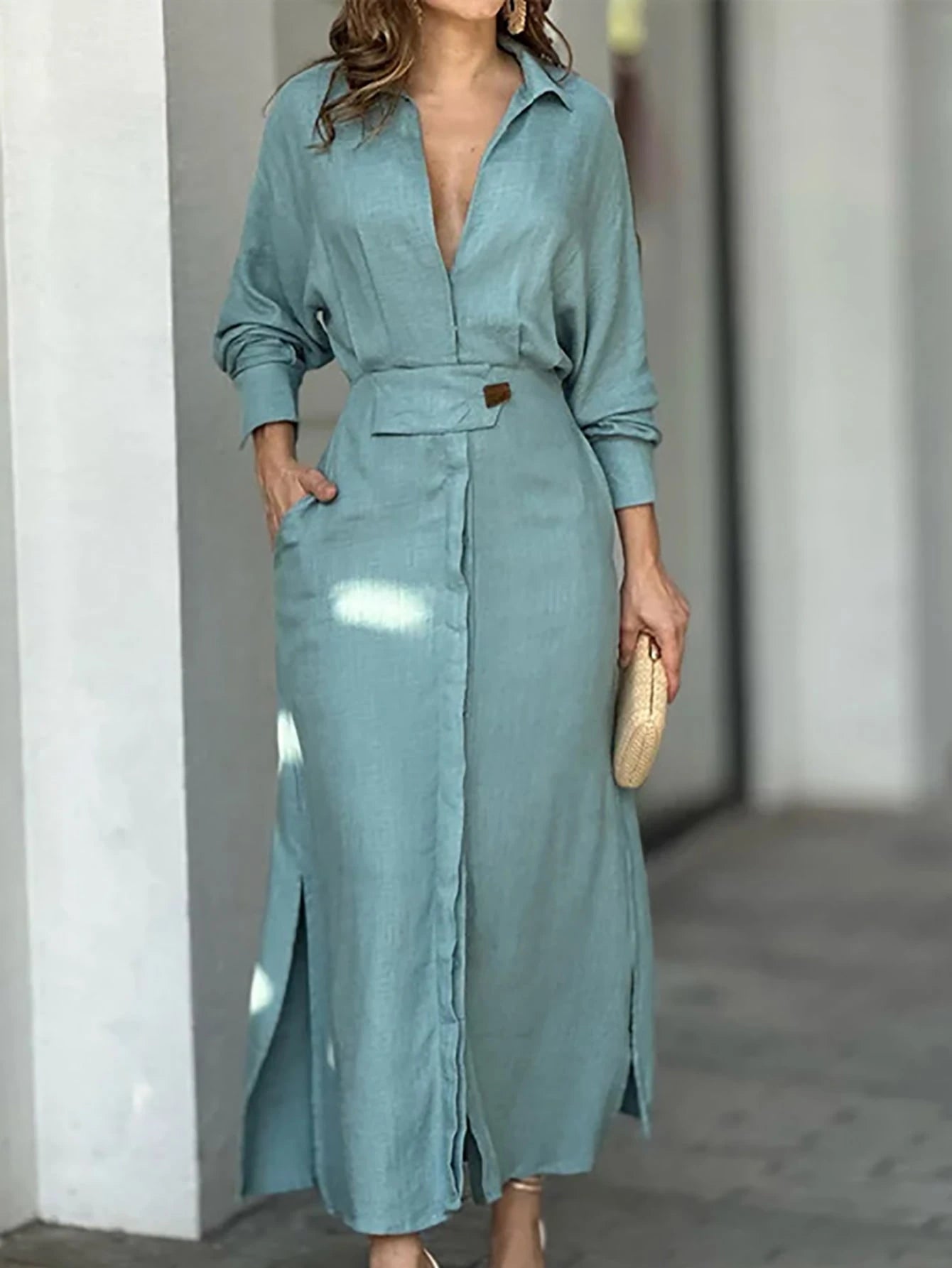 Vestido Longo com Manga Morcego e Cinto - Nelima