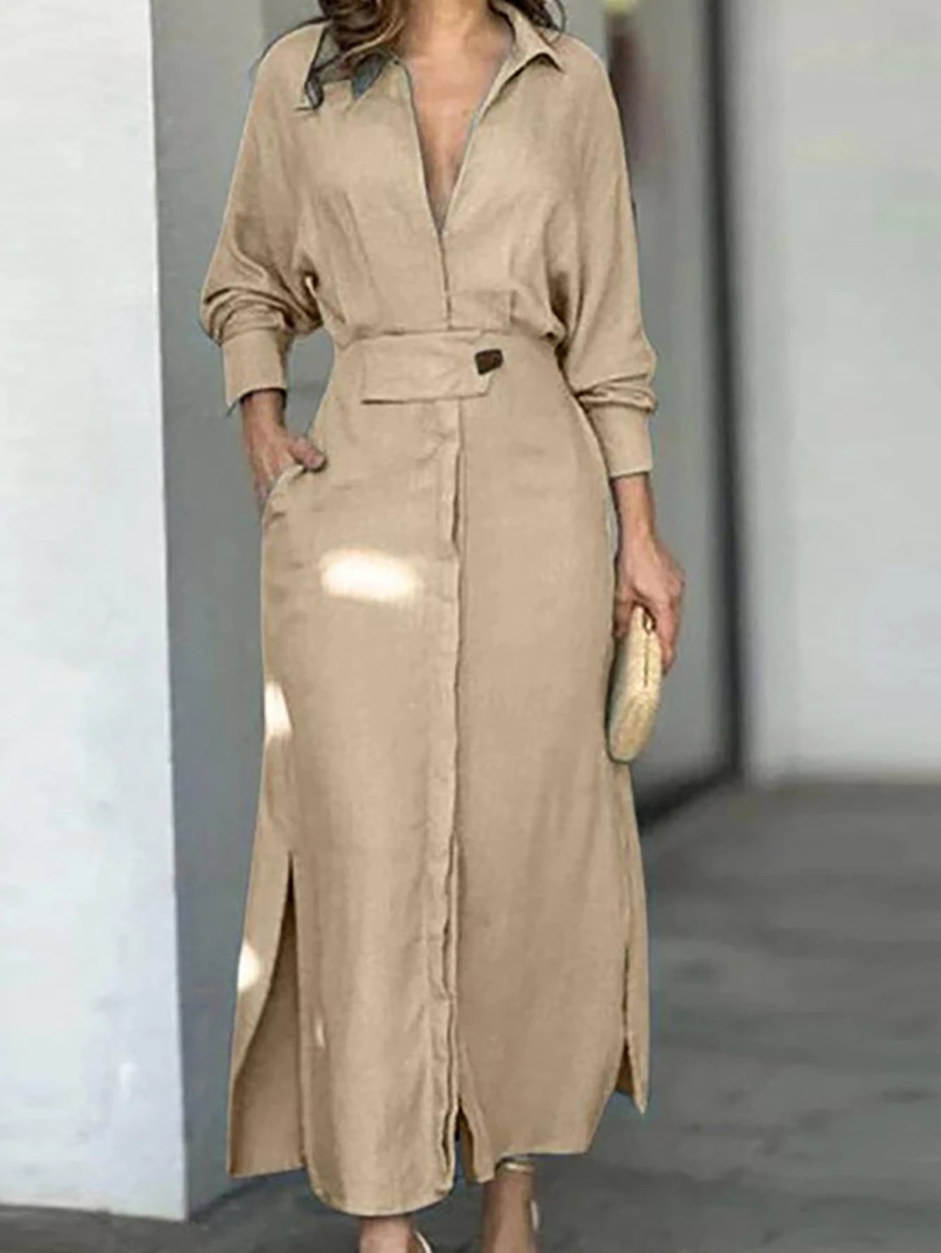 Vestido Longo com Manga Morcego e Cinto - Nelima