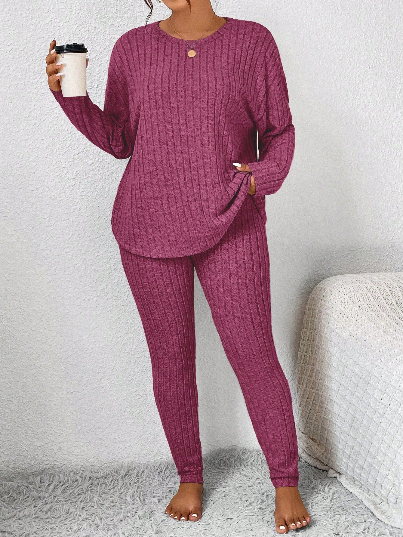 SHEIN Frenchy Conjunto de Roupas Femininas de Outono, Volta às Aulas, Treino, Conjunto Minimalista Simples, Legging de Textura Apertada e Conjunto de Top de Manga Longa, Conjunto de Duas Peças Tamanhos Grandes para Mulheres