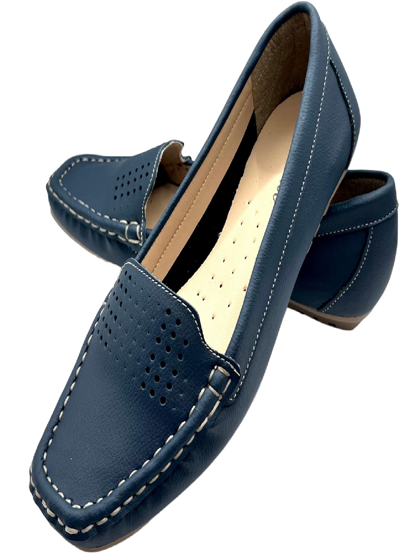 Mocassim Feminino Prata e Azul Marinho em Couro PU - Nelima