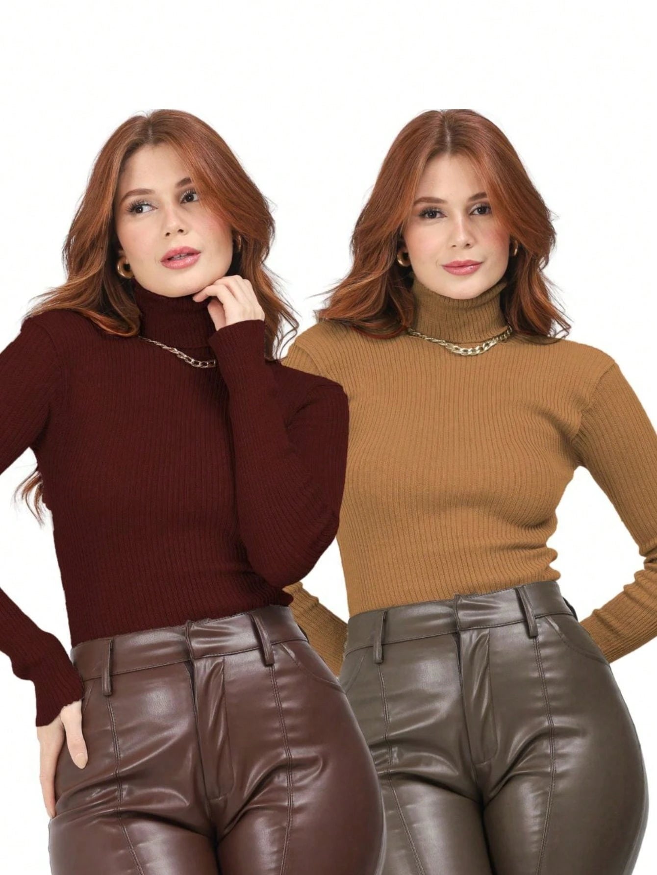 KIT 2 Blusa Cacharrel Feminina manga longa Lã Trico TERRACOTA/MARROM CLARO Tricot Gola Alta segunda pele moda inverno