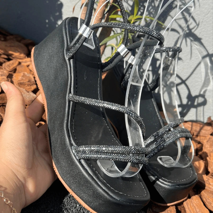 Sandália Anabela Plataforma Regulador Strass Feminina