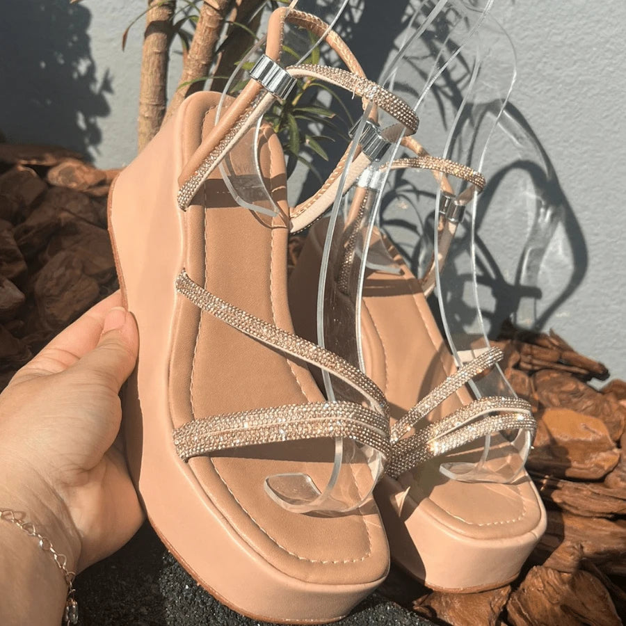 Sandália Anabela Plataforma Regulador Strass Feminina