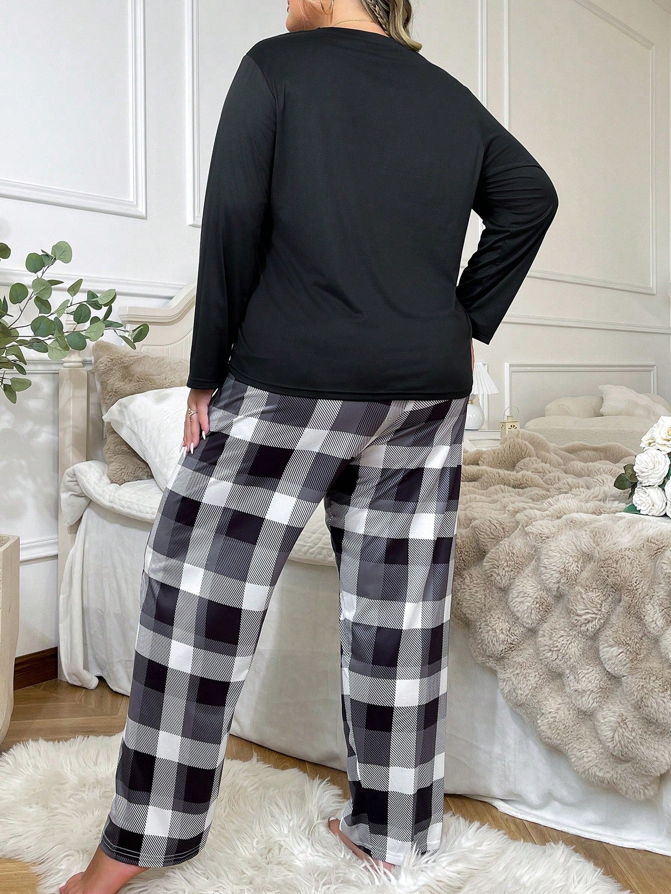 Conjunto De Pijama Feminino Plus Size De Manga Comprida E Calça Xadrez