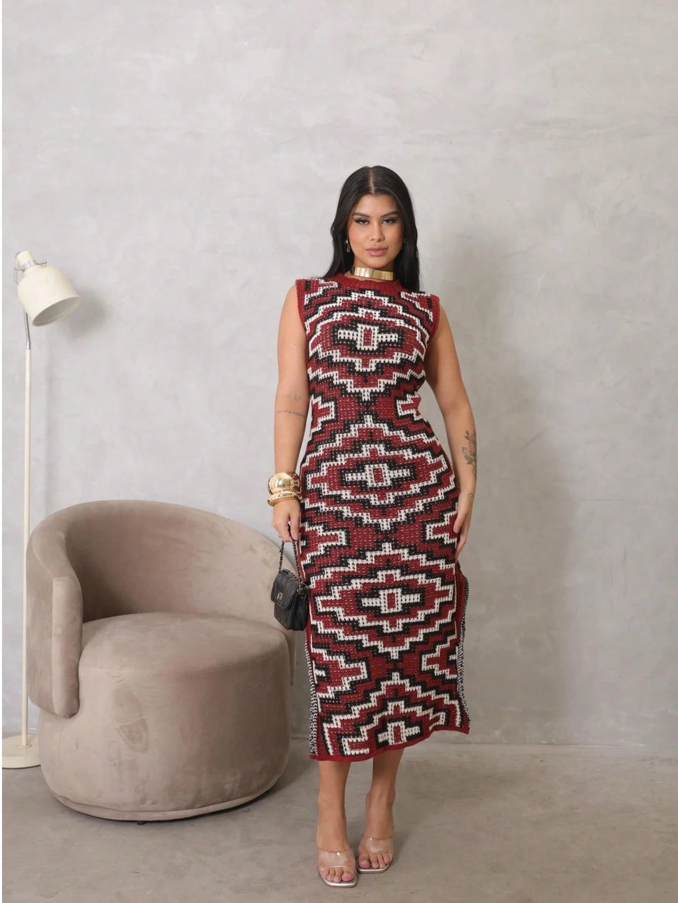 Vestido Tricô Feminino com Fenda Lateral Outono Inverno