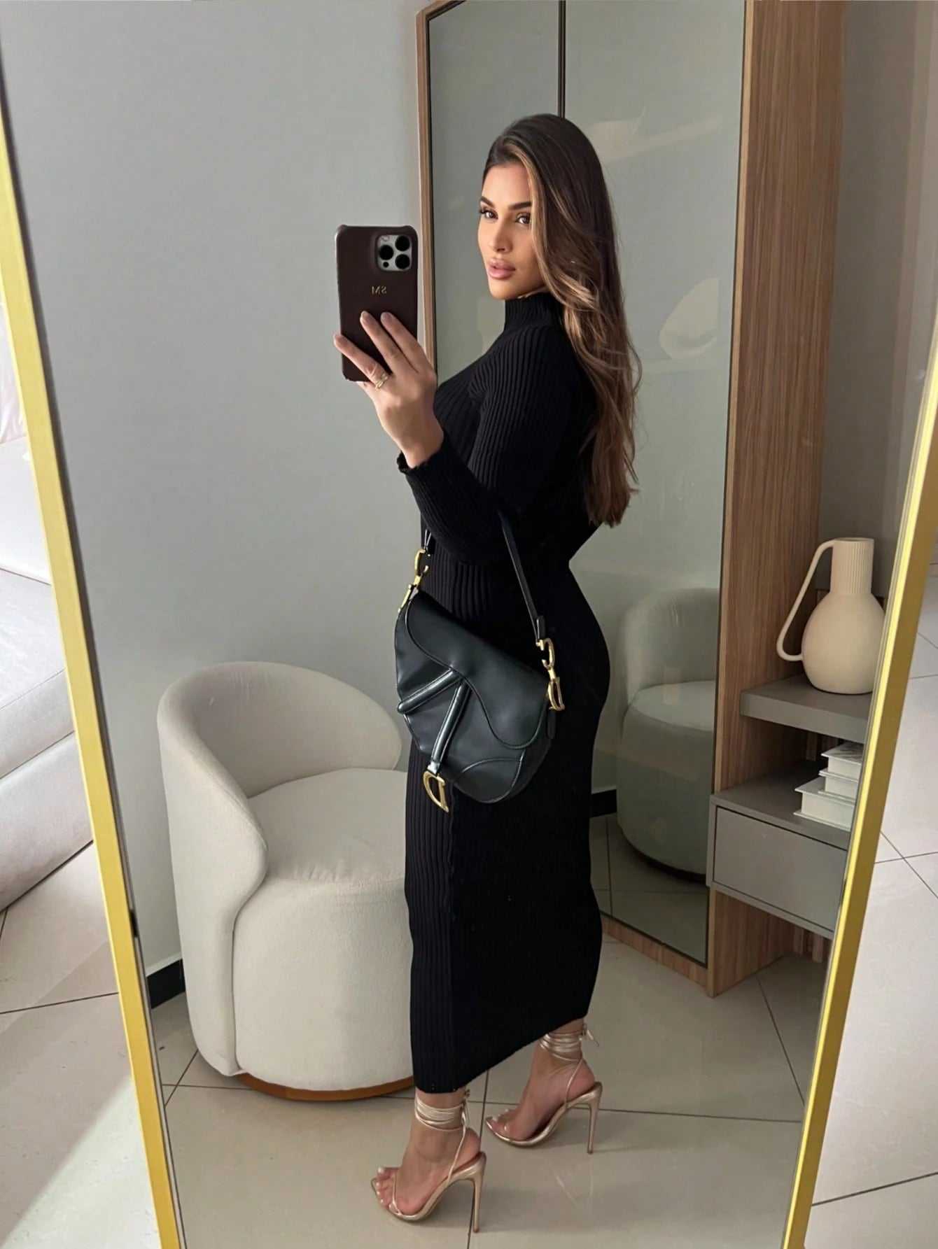VESTIDO CANELADO COM MANGA ELEGANTE MODAL ALTA QUALIDADE OUTONO E INVERNO