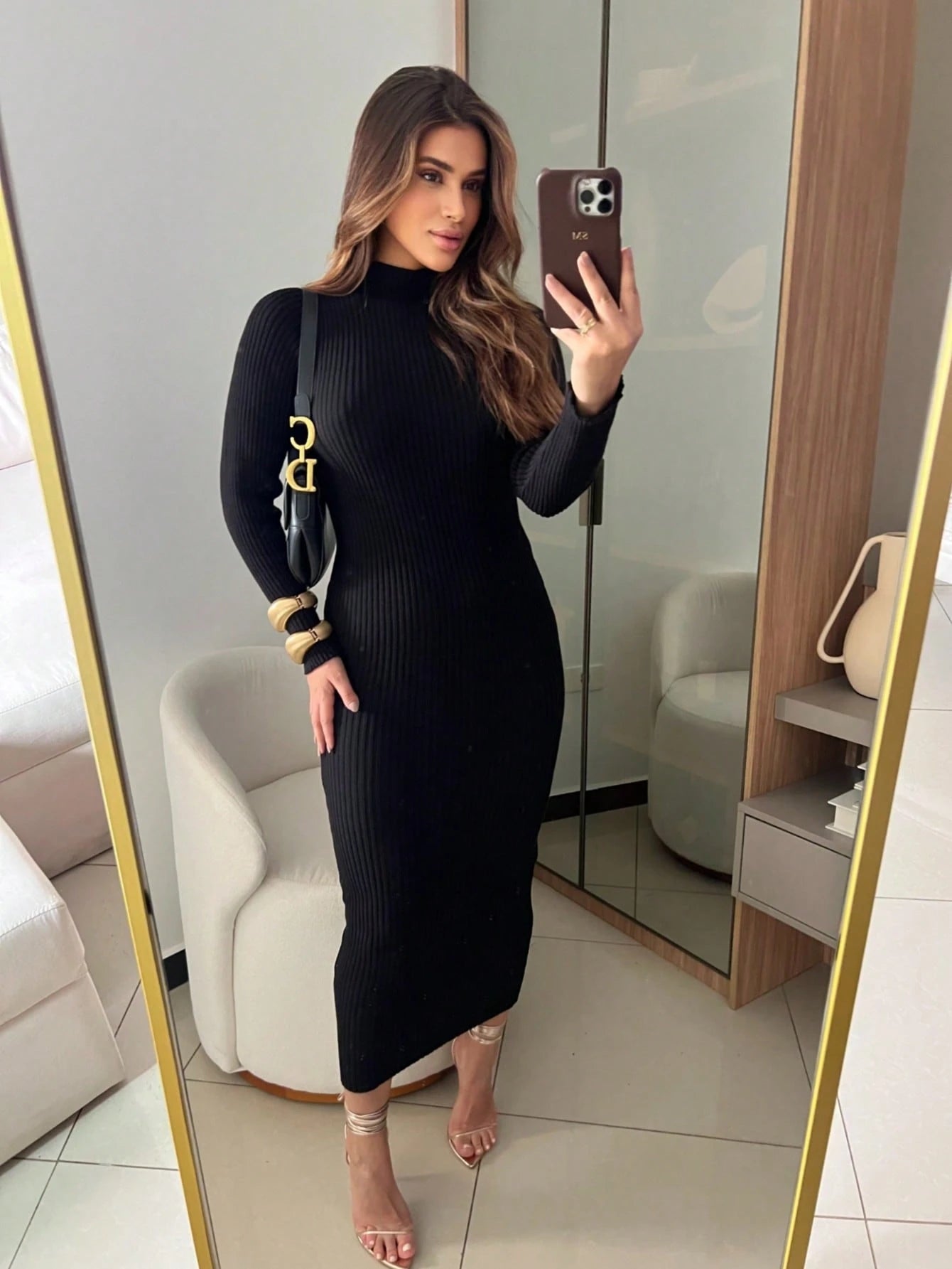 VESTIDO CANELADO COM MANGA ELEGANTE MODAL ALTA QUALIDADE OUTONO E INVERNO