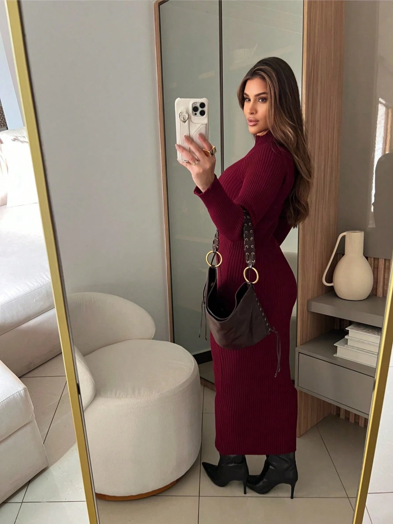 VESTIDO CANELADO COM MANGA ELEGANTE MODAL ALTA QUALIDADE OUTONO E INVERNO