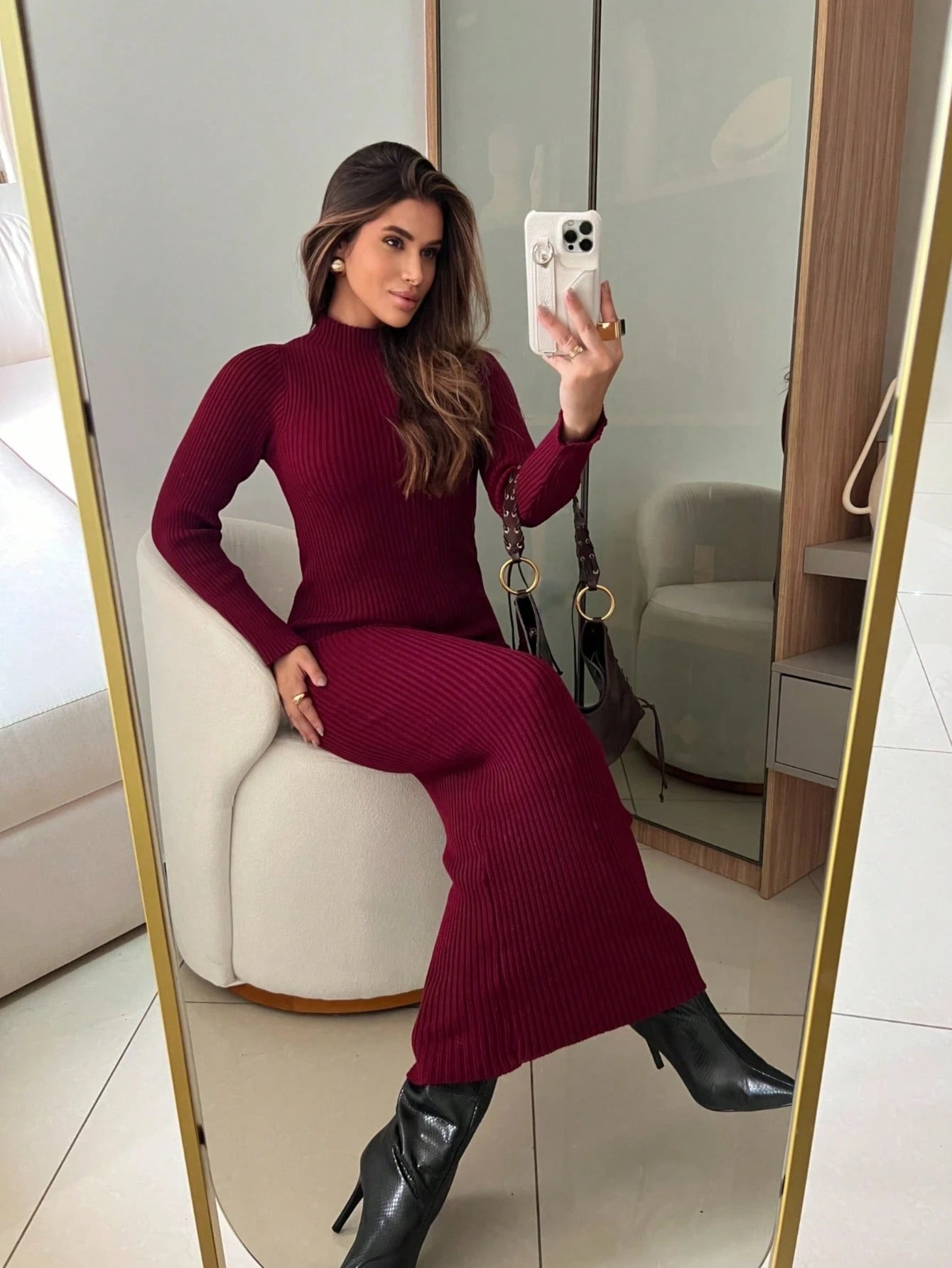 VESTIDO CANELADO COM MANGA ELEGANTE MODAL ALTA QUALIDADE OUTONO E INVERNO
