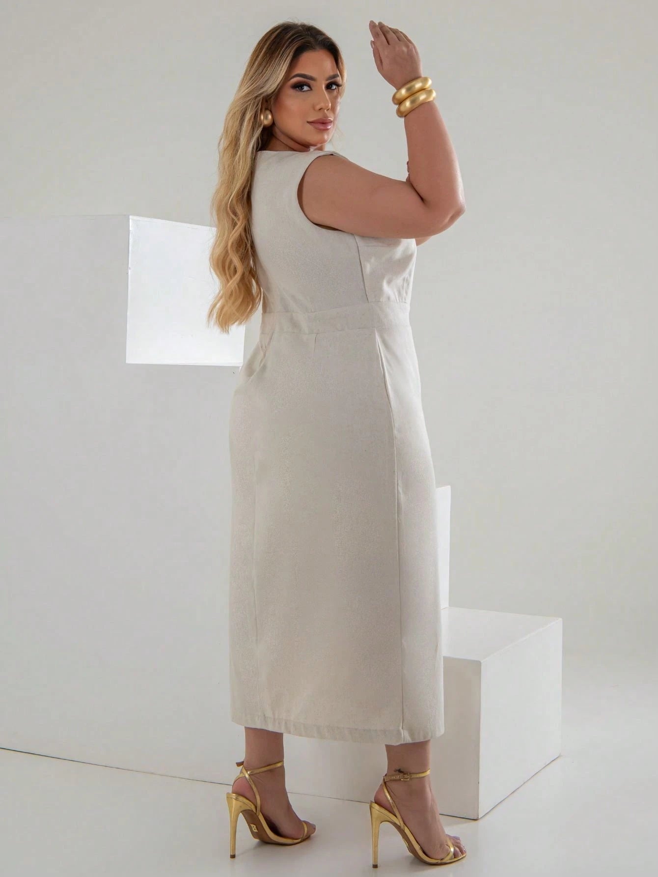 Vestido Plus Size Midi em Linho com Caimento Sofisticado Linho Vazado / cortado Noite Feriado Casamento Escritório Formal e Noturno