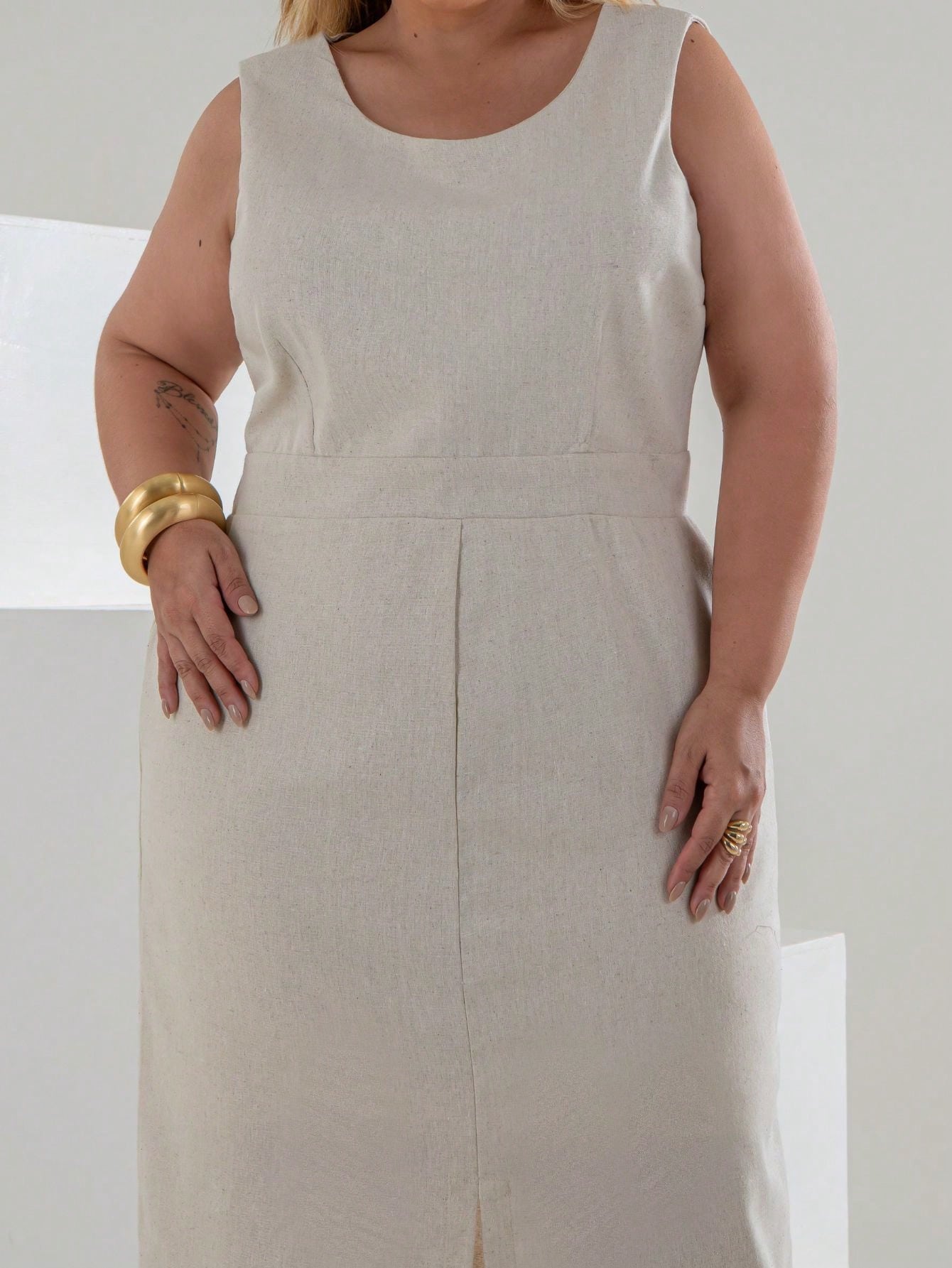 Vestido Plus Size Midi em Linho com Caimento Sofisticado Linho Vazado / cortado Noite Feriado Casamento Escritório Formal e Noturno