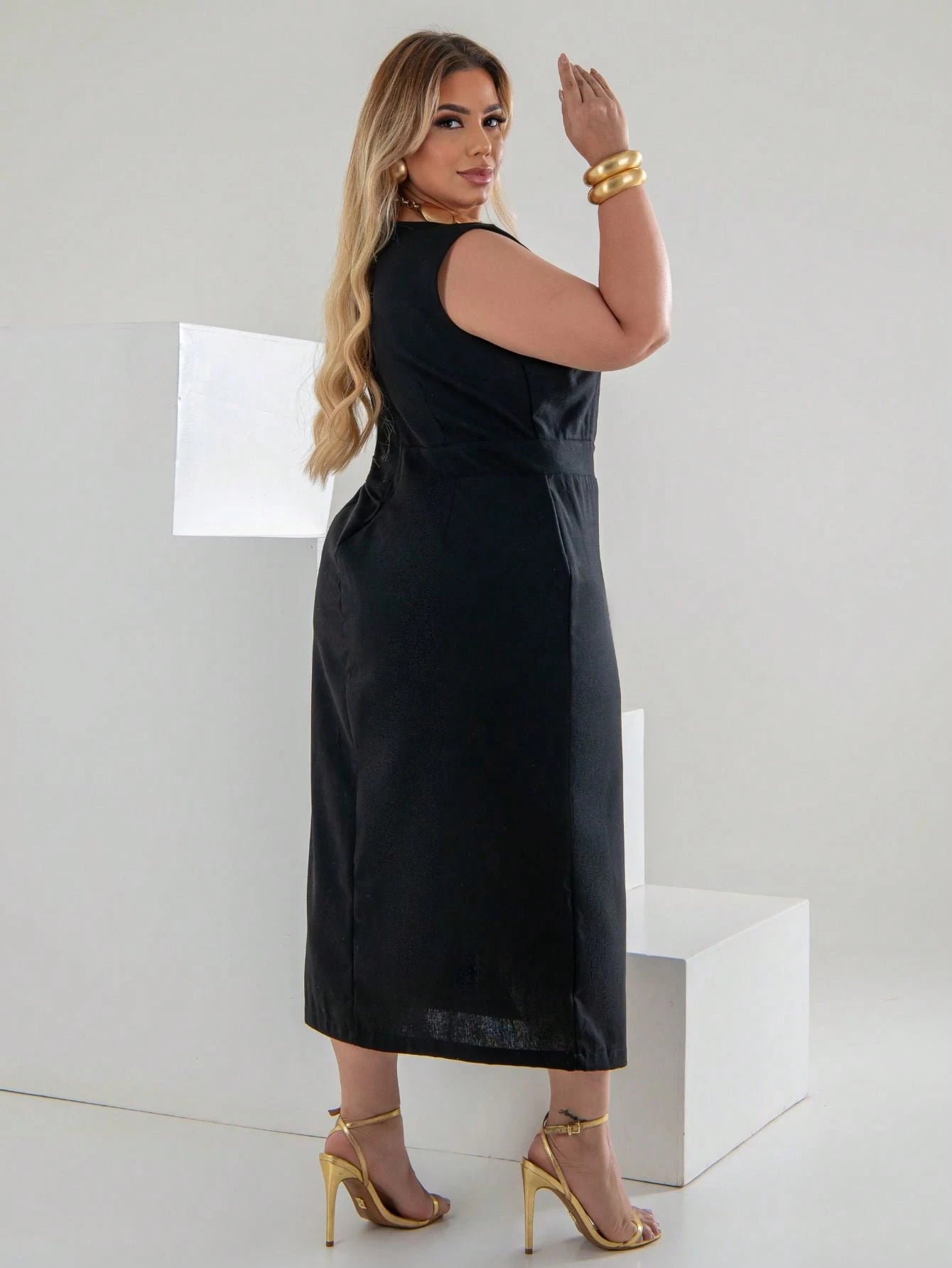 Vestido Plus Size Midi em Linho com Caimento Sofisticado Linho Vazado / cortado Noite Feriado Casamento Escritório Formal e Noturno