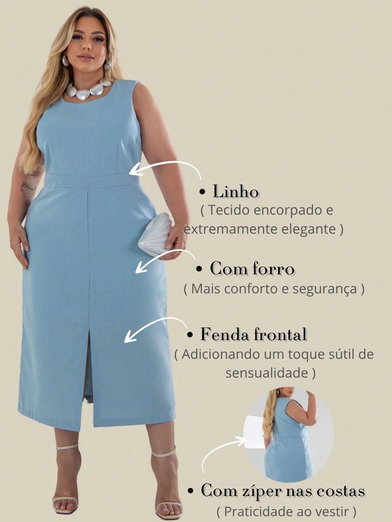 Vestido Plus Size Midi em Linho com Caimento Sofisticado Linho Vazado / cortado Noite Feriado Casamento Escritório Formal e Noturno
