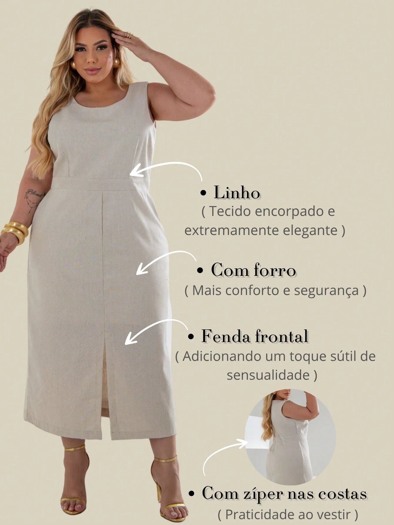 Vestido Plus Size Midi em Linho com Caimento Sofisticado Linho Vazado / cortado Noite Feriado Casamento Escritório Formal e Noturno
