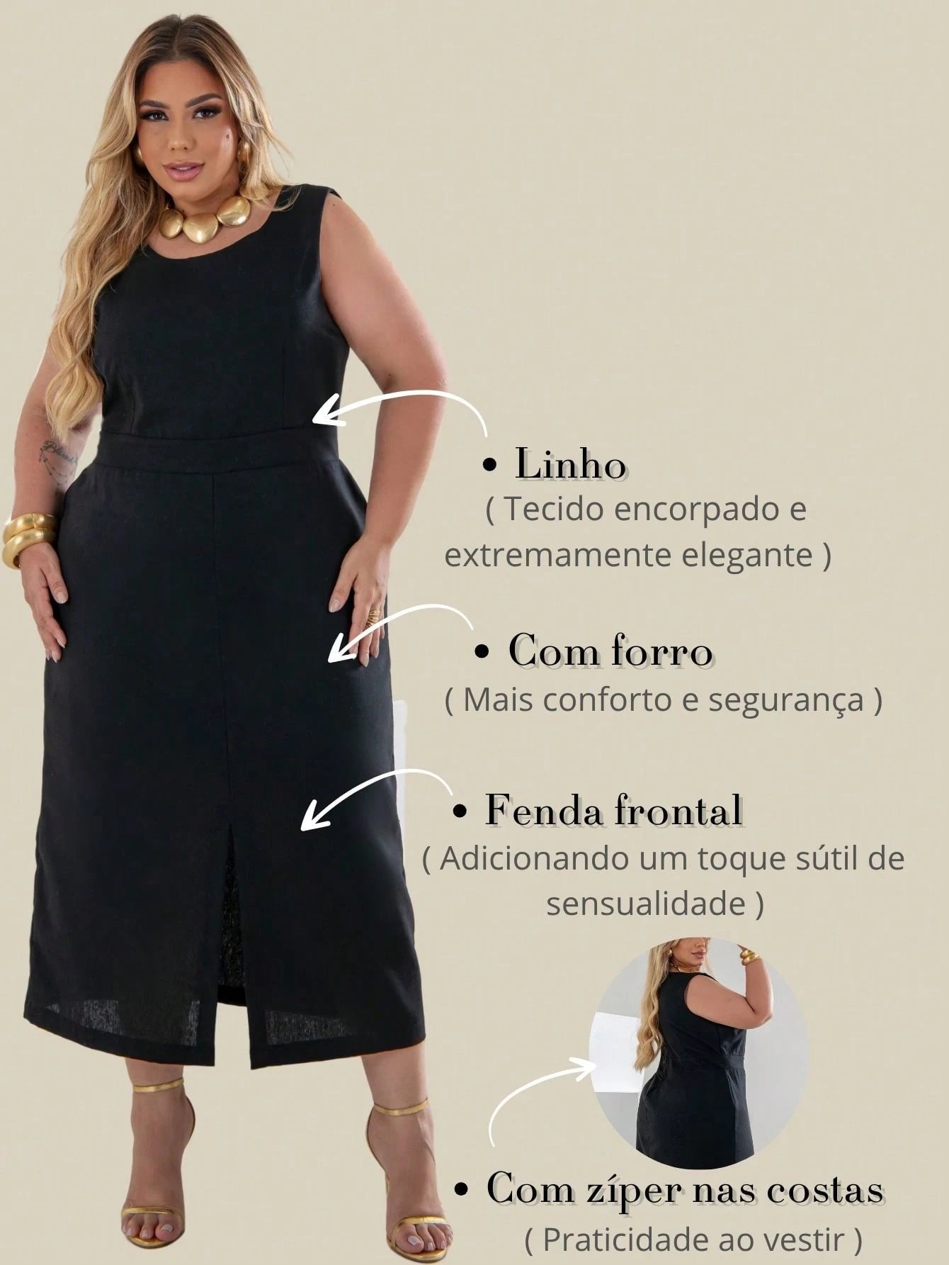 Vestido Plus Size Midi em Linho com Caimento Sofisticado Linho Vazado / cortado Noite Feriado Casamento Escritório Formal e Noturno