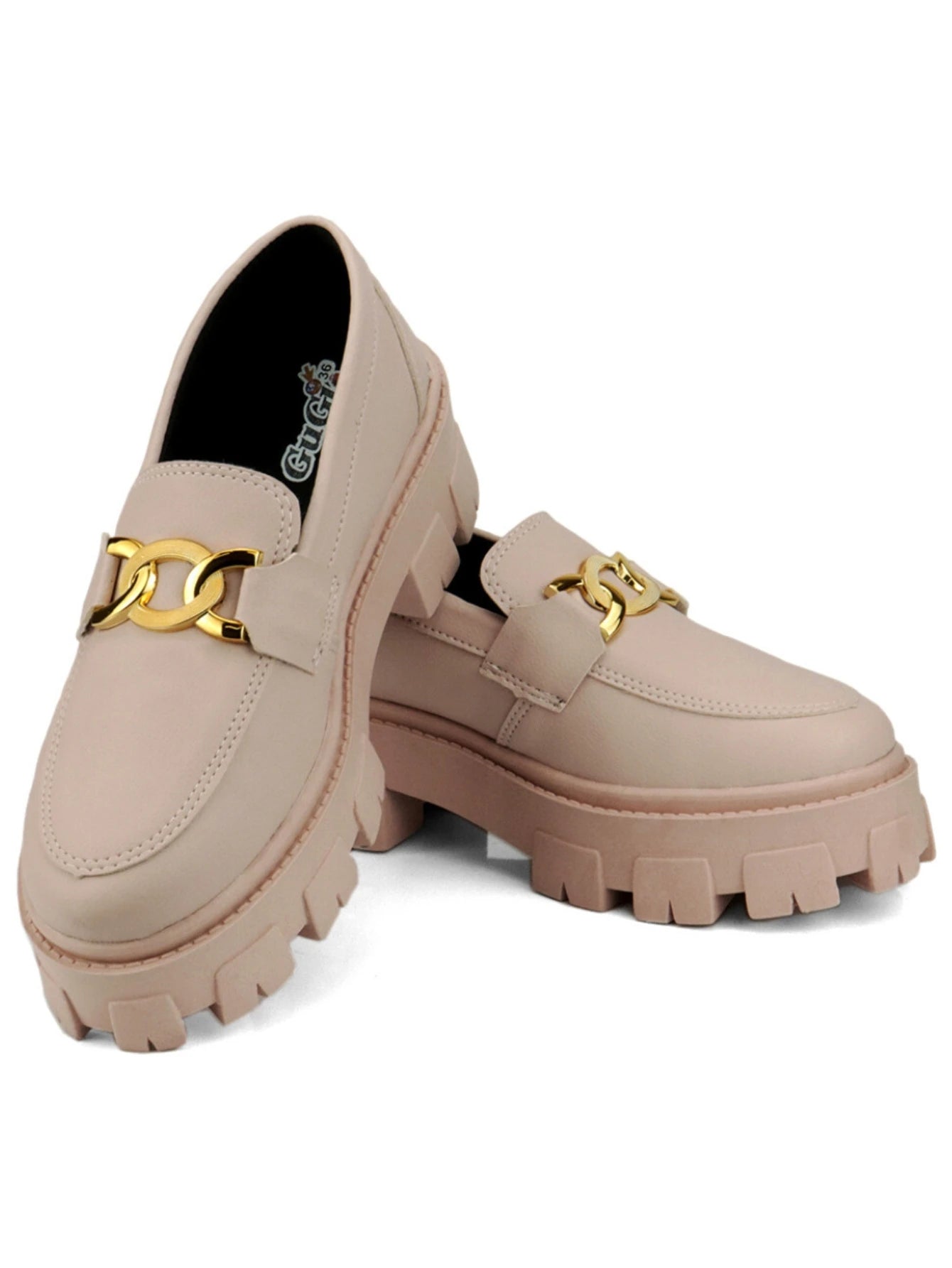 GuGi Mocassim Tratorado Blogueira Feminino Sapato Com Metal Dourado GuGi Com Solado Alto Leve Plataforma 403-GG