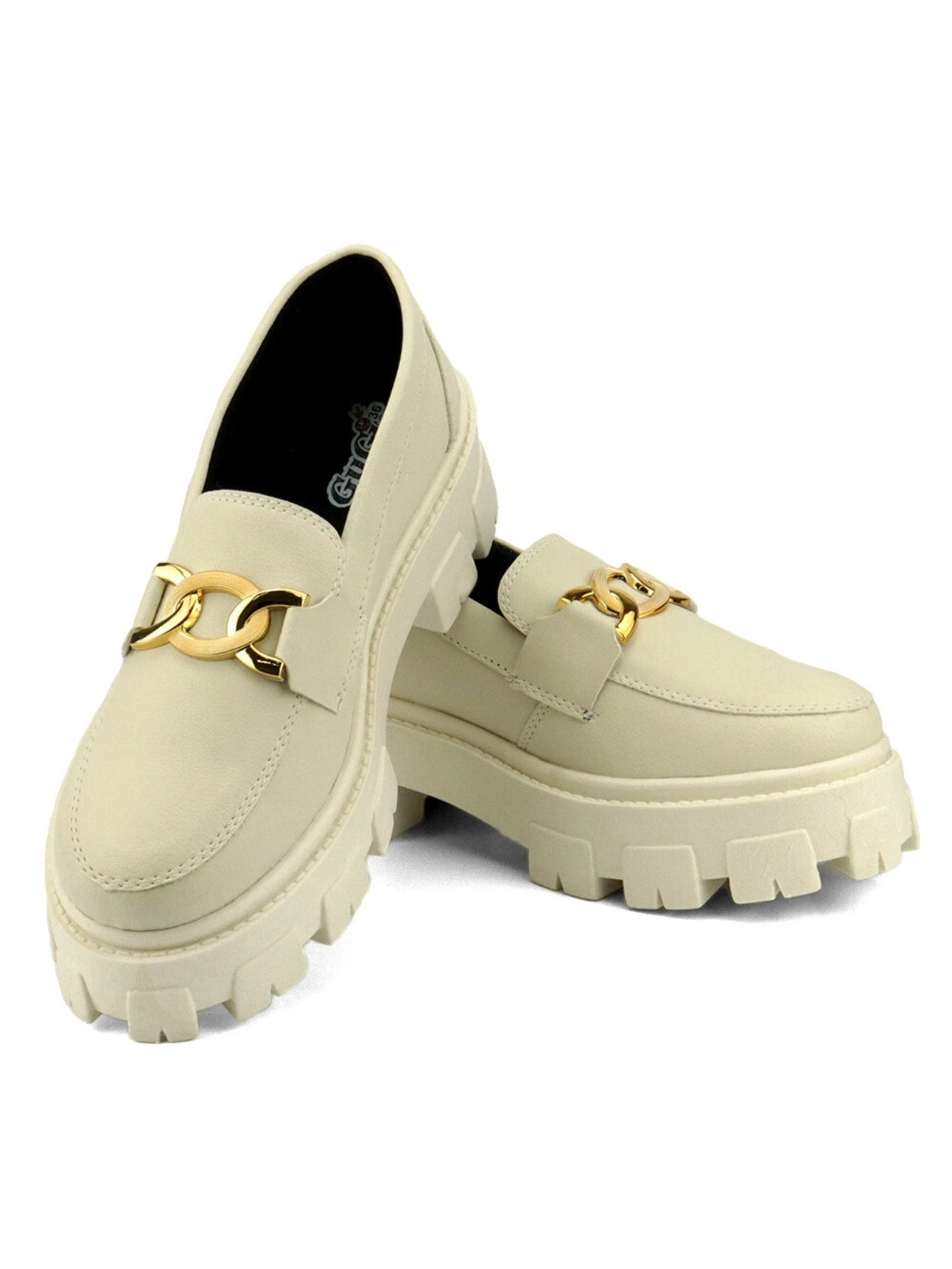 GuGi Mocassim Tratorado Blogueira Feminino Sapato Com Metal Dourado GuGi Com Solado Alto Leve Plataforma 403-GG