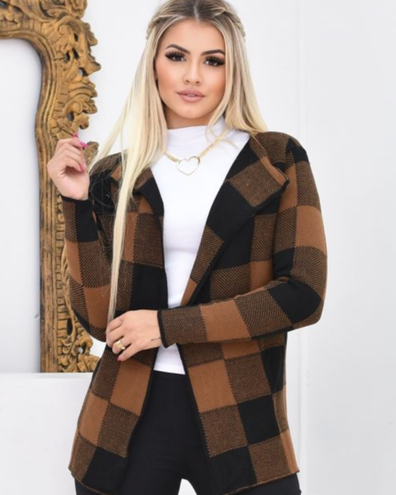 Casaco Sobretudo Feminino em Tricô Xadrez Marrom Nelima