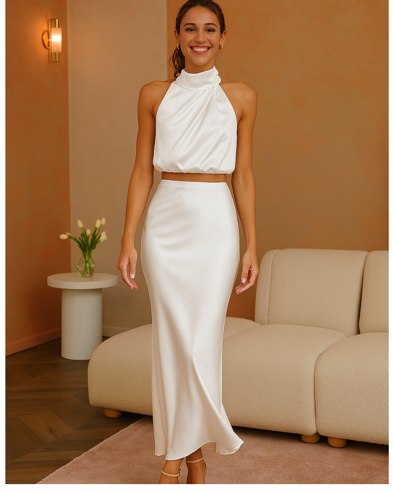 Conjunto Feminino 2 Peças Saia Midi em Cetim e Top Cropped Ombro a Ombro - Nelima