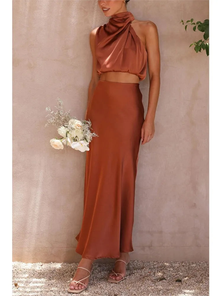 Conjunto Feminino 2 Peças Saia Midi em Cetim e Top Cropped Ombro a Ombro - Nelima