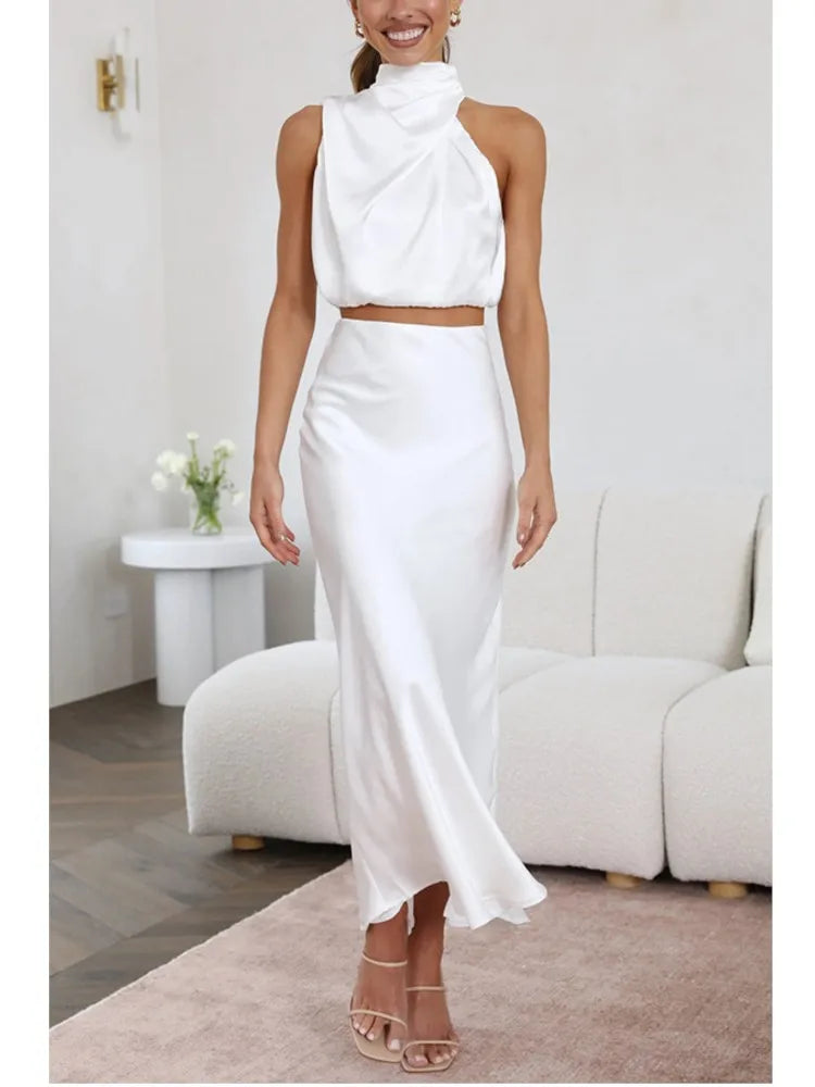 Conjunto Feminino 2 Peças Saia Midi em Cetim e Top Cropped Ombro a Ombro - Nelima