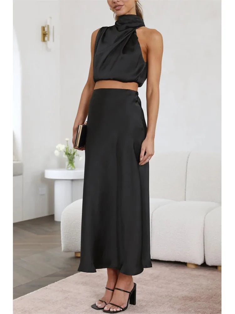 Conjunto Feminino 2 Peças Saia Midi em Cetim e Top Cropped Ombro a Ombro - Nelima