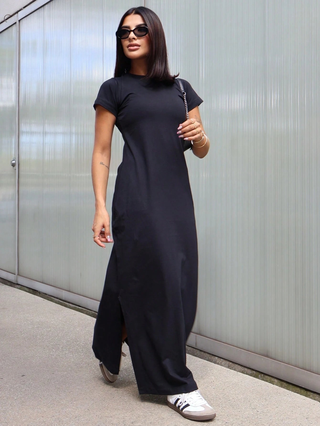 Vestido Longo Justo de Algodão com Manga Raglan - Nelima