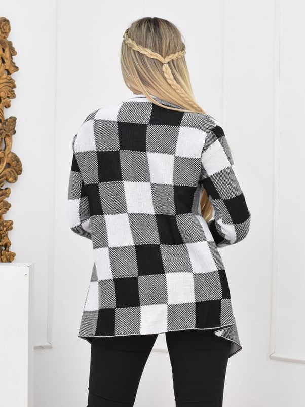 Cardigan Xadrez Sobretudo Lã Inverno Gola Chic Feminino Top
