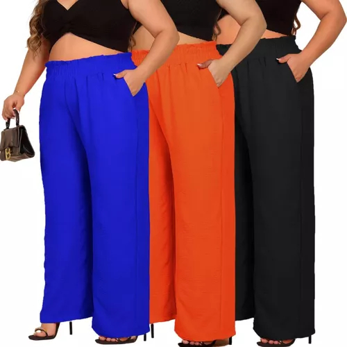 Calça Pantalona Plus Size Feminina Elástico Na Cintura Tecido Duna