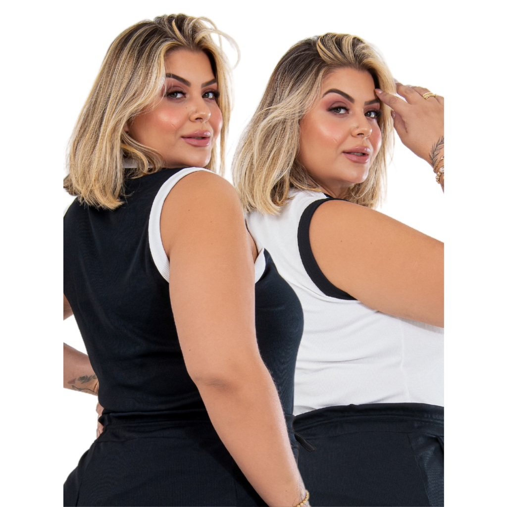 Kit 2 Regatas Blusa Plus Size Feminina Bicolor Canelado Alta Elasticidade Zero Transparência Verão Veste Até G4 Moda