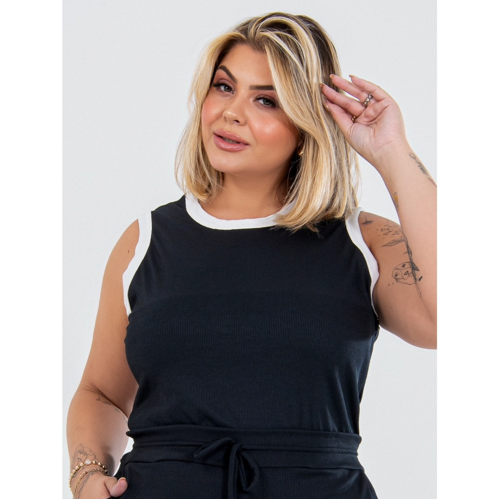 Kit 2 Regatas Blusa Plus Size Feminina Bicolor Canelado Alta Elasticidade Zero Transparência Verão Veste Até G4 Moda