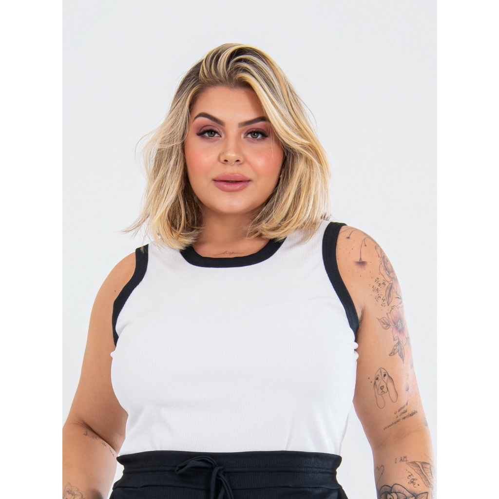 Kit 2 Regatas Blusa Plus Size Feminina Bicolor Canelado Alta Elasticidade Zero Transparência Verão Veste Até G4 Moda