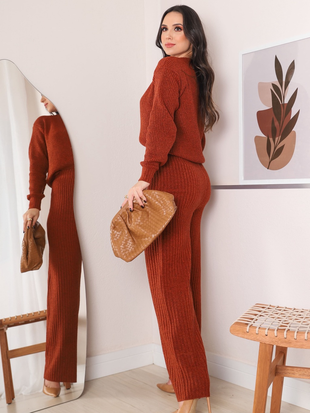 Conjunto Tricot Feminino Mousse Cropped e Calça Conjunto Blusa e Calça Inverno