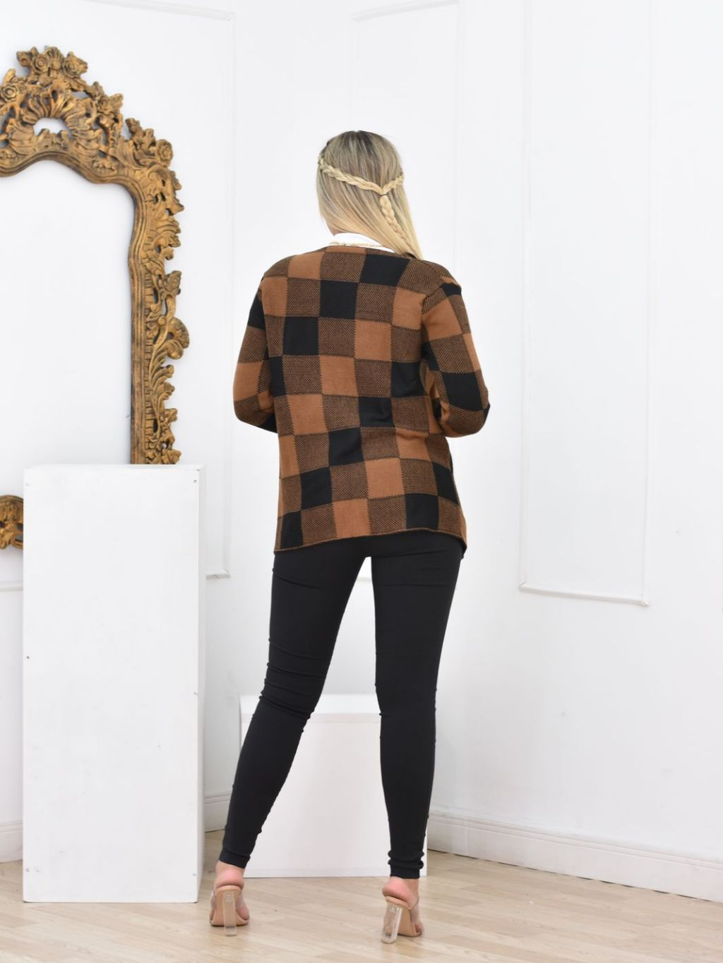 Casaco Xadrez Cardigan Sobretudo Tricô Moda Inverno Feminino