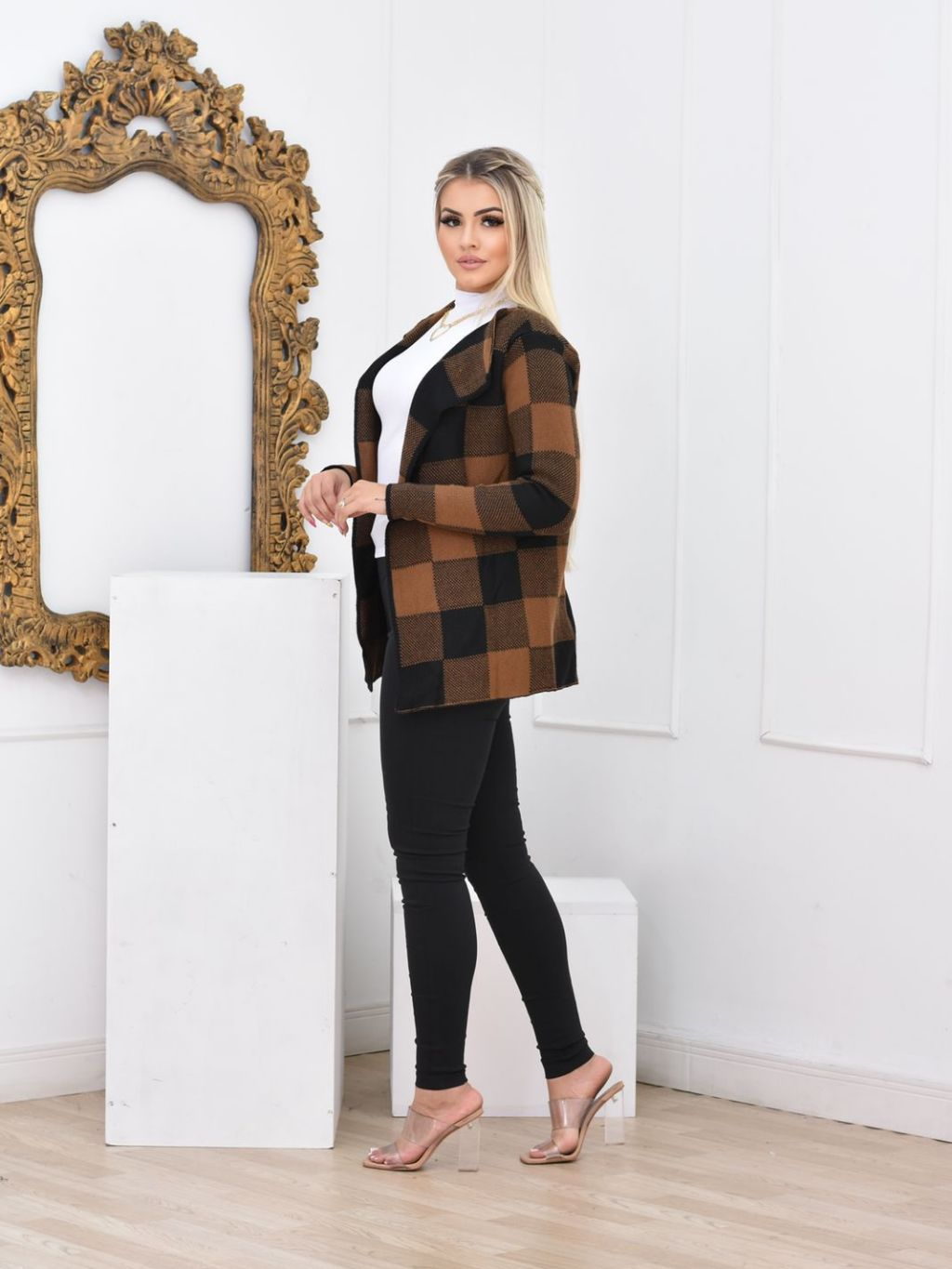 Casaco Xadrez Cardigan Sobretudo Tricô Moda Inverno Feminino