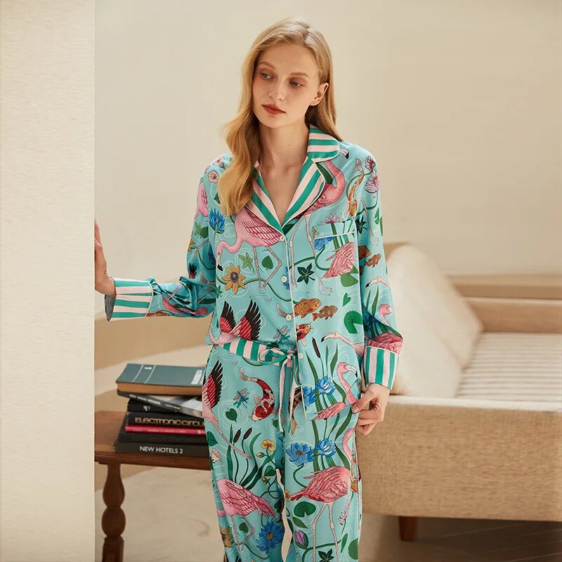 Conjunto de Pijama Feminino em Seda de Gelo Estampa Flamingo - Nelima