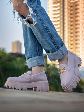 GuGi Mocassim Tratorado Blogueira Feminino Sapato Com Metal Dourado GuGi Com Solado Alto Leve Plataforma 403-GG
