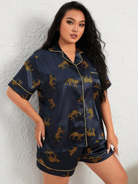 Pijama Feminino Plus Size de Cetim Azul com Estampa de Onça – Nelima Moda (G1 ao G5)