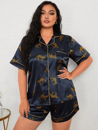 Pijama Feminino Plus Size de Cetim Azul com Estampa de Onça – Nelima Moda (G1 ao G5)