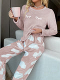 SHEIN Conjunto de Pijama Flanelado Bordado de Cílios de Manga Longa Fofo, Roupas de Outono e Inverno, Confortável