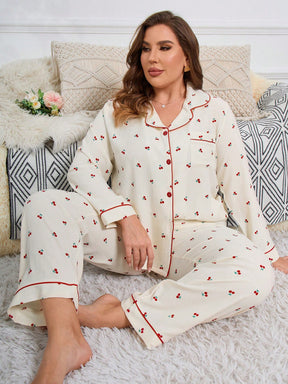 SHEIN Conjunto de Pijama Plus Size Confortável com Estampa de Cereja, Top e Calça