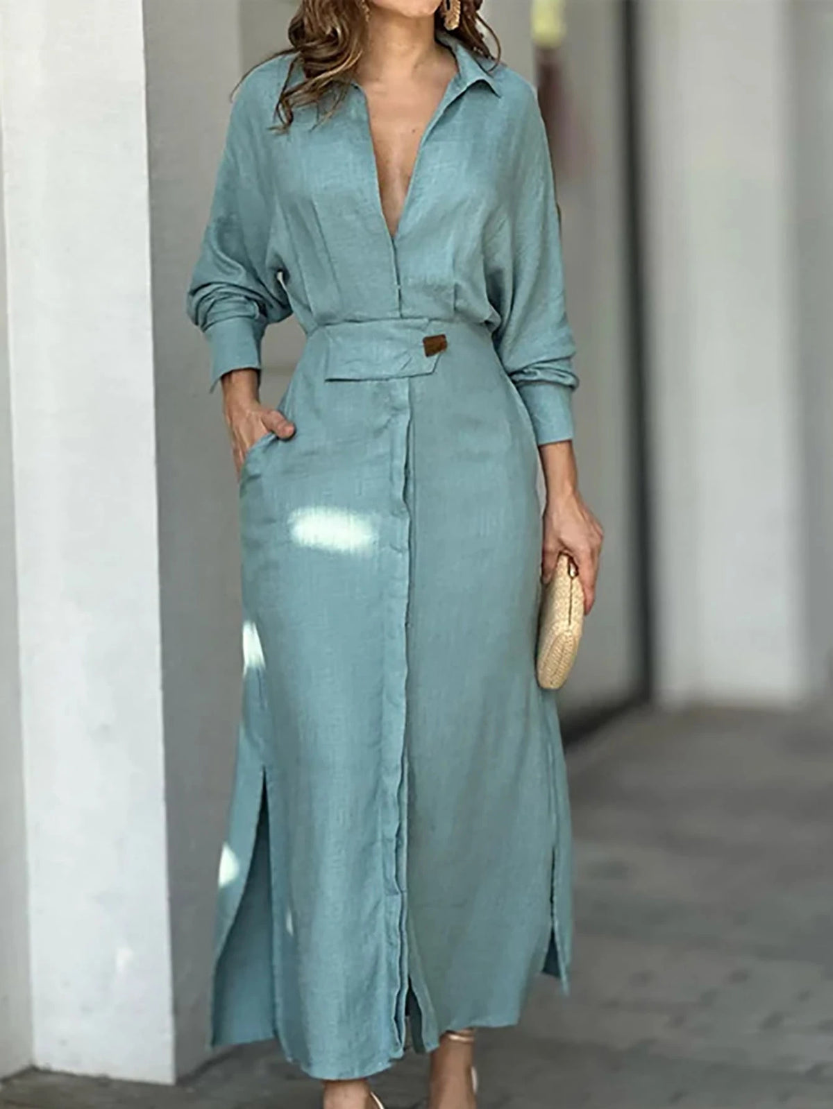 Vestido Longo com Manga Morcego e Cinto - Nelima
