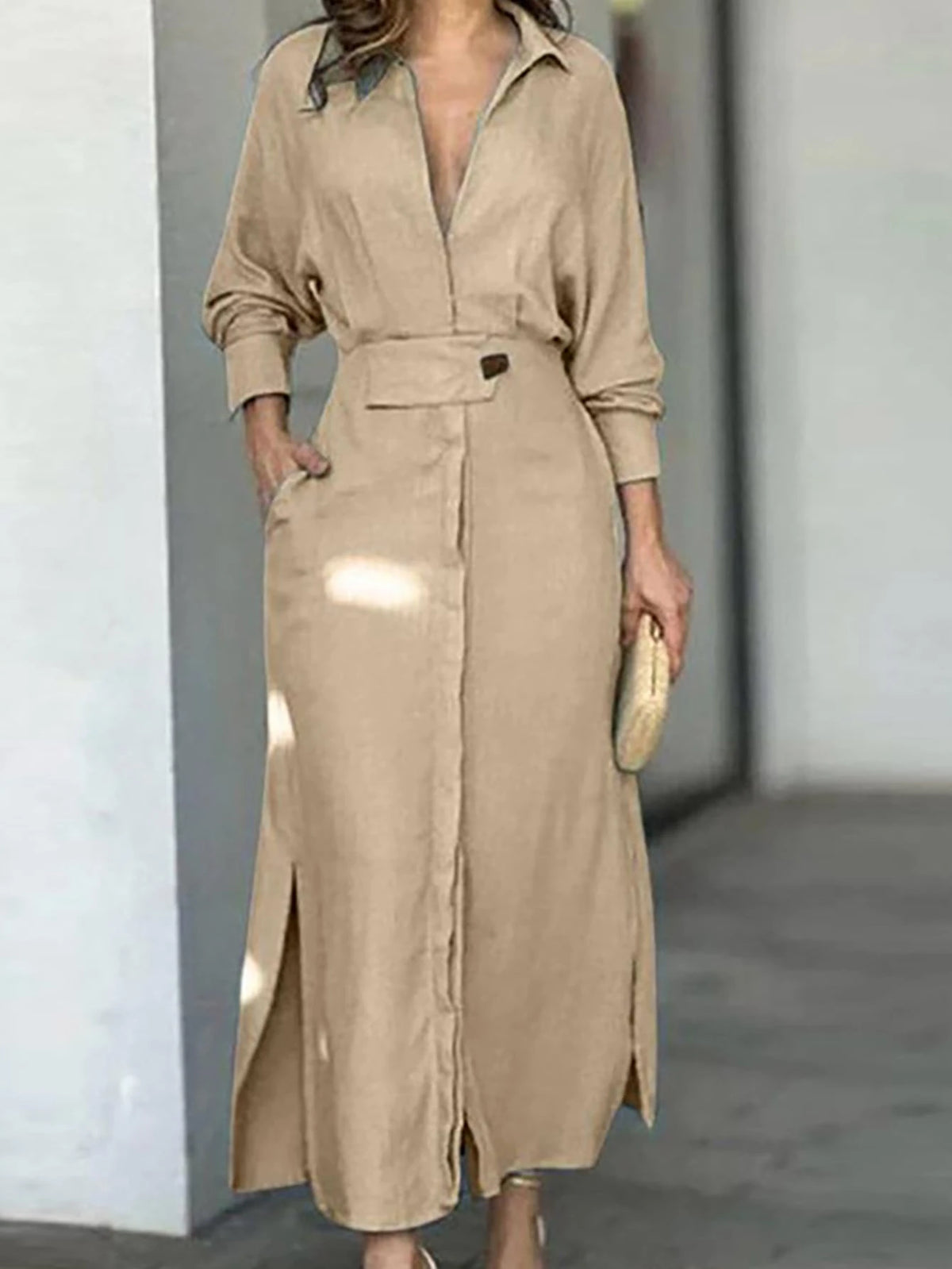Vestido Longo com Manga Morcego e Cinto - Nelima