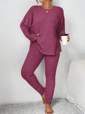 SHEIN Frenchy Conjunto de Roupas Femininas de Outono, Volta às Aulas, Treino, Conjunto Minimalista Simples, Legging de Textura Apertada e Conjunto de Top de Manga Longa, Conjunto de Duas Peças Tamanhos Grandes para Mulheres