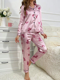 Pijama Feminino de Cetim Rosa com Estampa de Corações – Conjunto Manga Longa Nelima