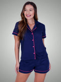 Pijama Feminino Azul Marinho com Shorts e Detalhes Rosa – Conforto e Estilo para Dormir