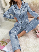 Conjunto de Pijama com Calça de Manga Longa e Gola Virada, Estampa de Coração Imitação de Seda