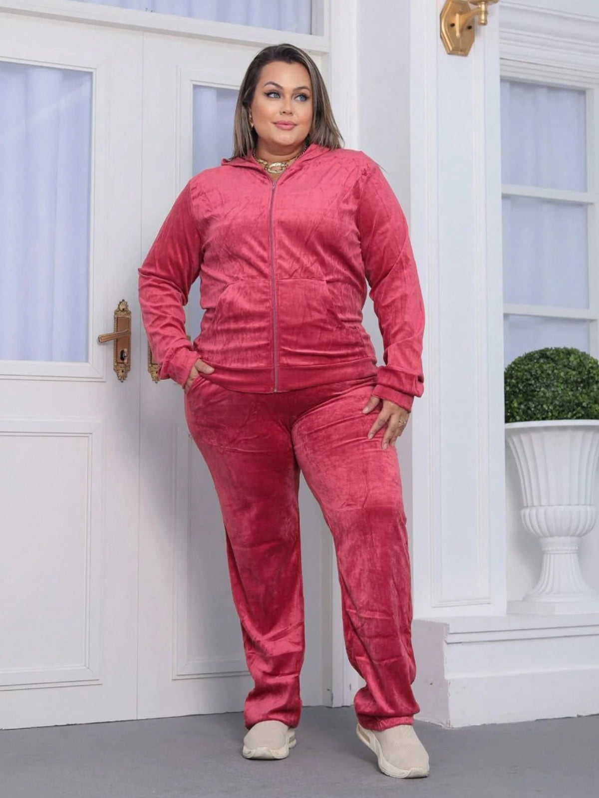 Conjunto De Frio Feminino Plus Size Inverno Plush Veludo Agasalho