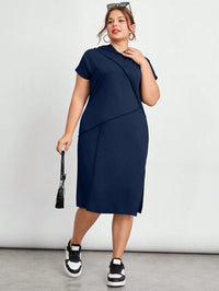 Vestido Midi Plus Size Esportivo com Capuz Azul Marinho