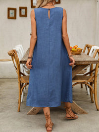 Vestido Midi Azul em Linho sem Forro com Bolsos Laterais – Estilo Leve e Atemporal